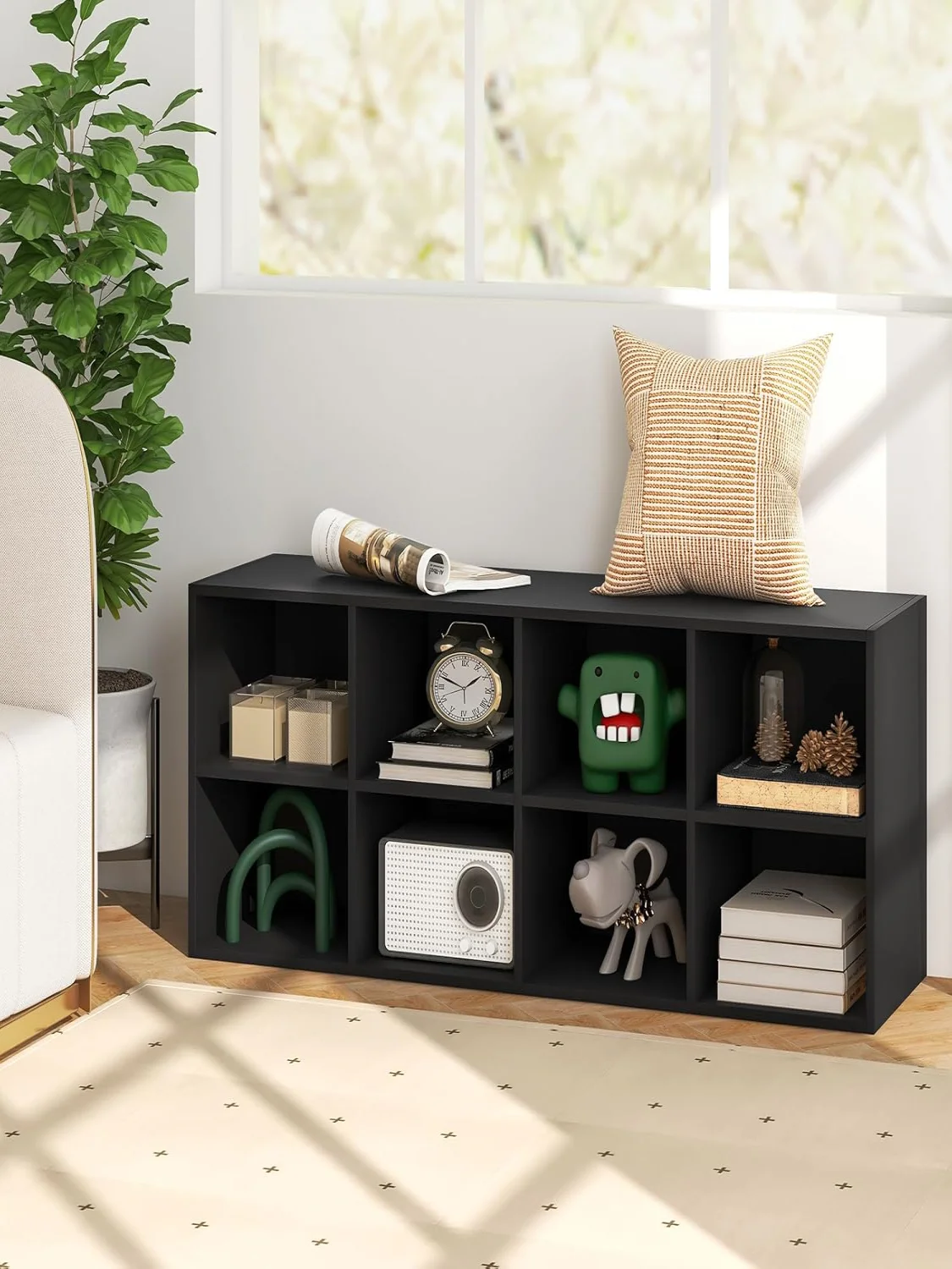 Schuhbank mit Sitz, Schuhregal aus Holz, Tragfähigkeit 230 kg, Bank mit 8 offenen Fächern, Schuhschrank, Schuh-Organizer – Detail 1