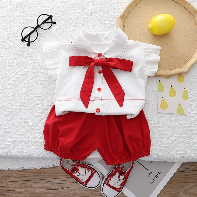

2023 korean Summer Baby Girl 2PCS Clothes Set Bowknot Short Sleeve Shirts Lantern Shorts Pants Suit Children Infant Girl Outfits