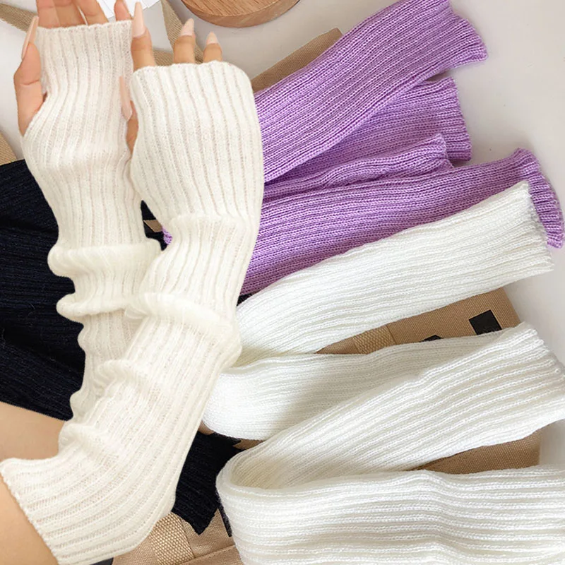 

Women's Winter Knitted Warm Arm Sleeves Thicken Arm Warmers Solid Color Long Sleeve Half-finger Glove Gothic Fingerless Mitten