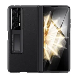 Leather Case with Kickstand and Camera Protection for Smartphones - Includes Tempered Glass and Automatic Spring Hinge (Black)