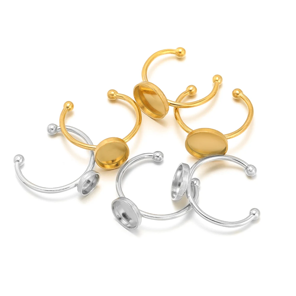 10 Stück verstellbare offene Ringfassungen aus Edelstahl, leere Cabochon-Basis, Lünette, Tablett, Ringe für Schmuckherstellung, DIY-Ring-Zubehör – Detail 2