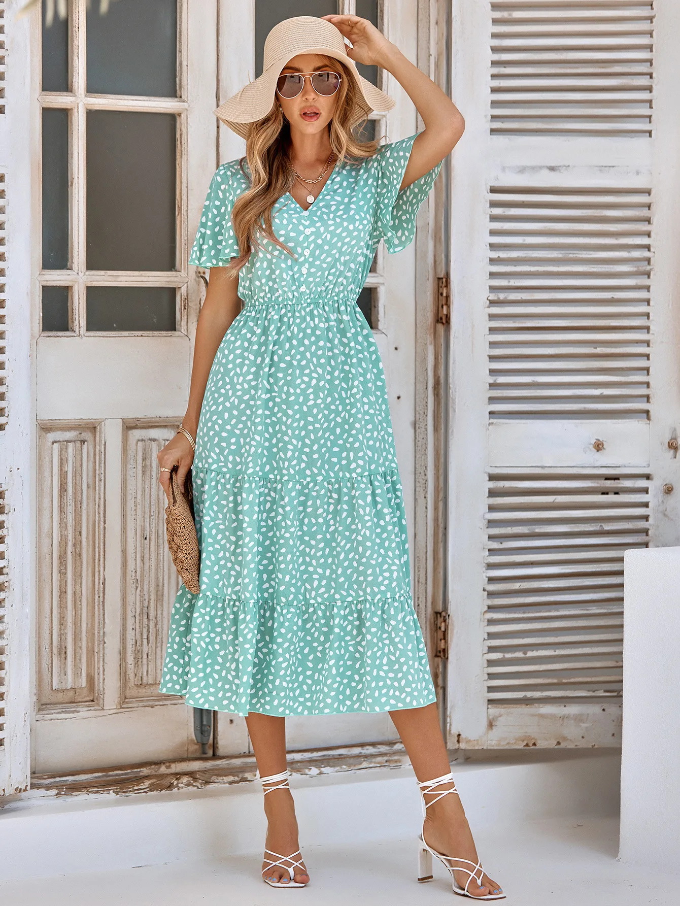 Casual Leopard Print V Neck Pleated Loose Dress