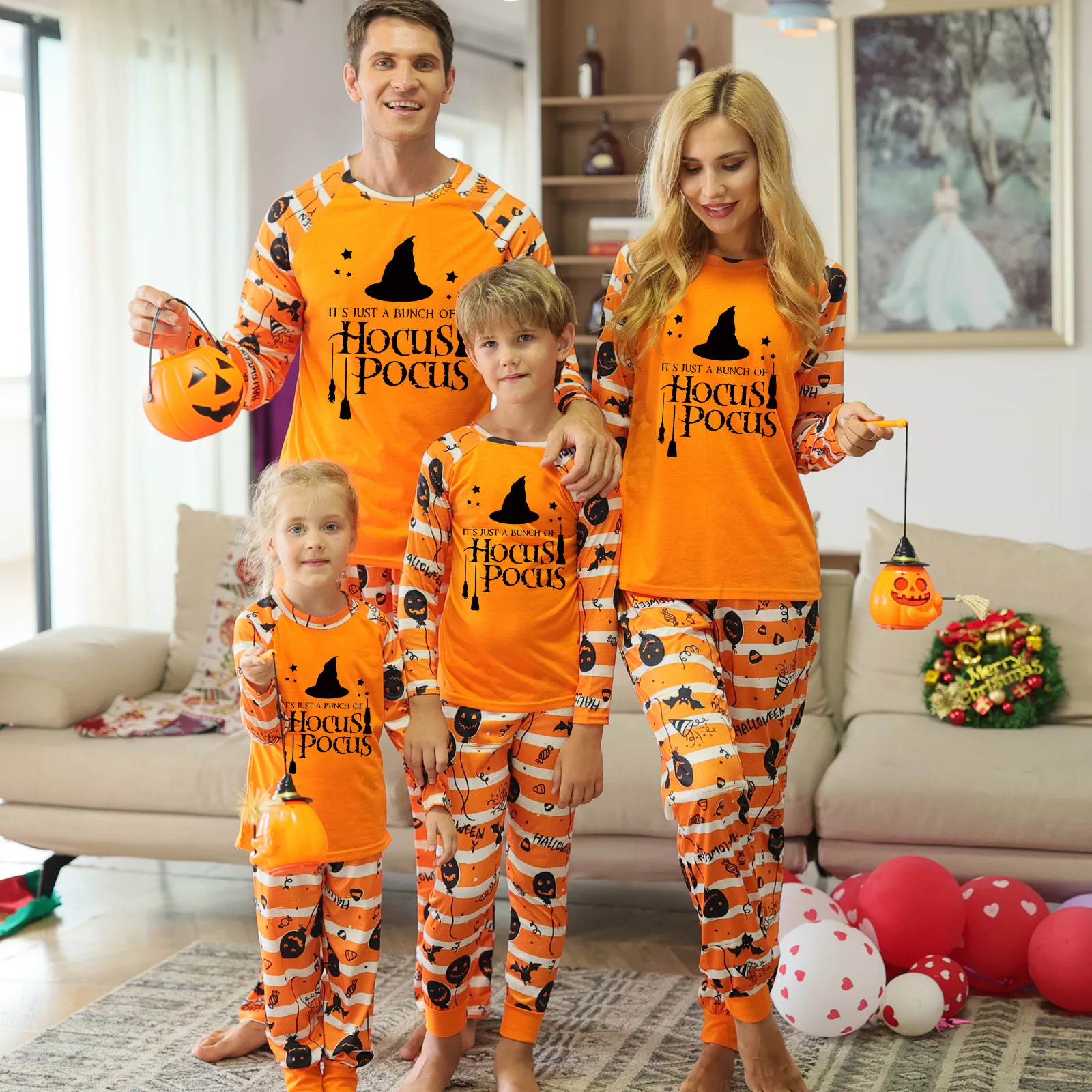 New Halloween Family Pajamas Fashion Orange Grimace Pattern  Family Matching Outfits Parent Mother Kids Festival Home Clothes 4