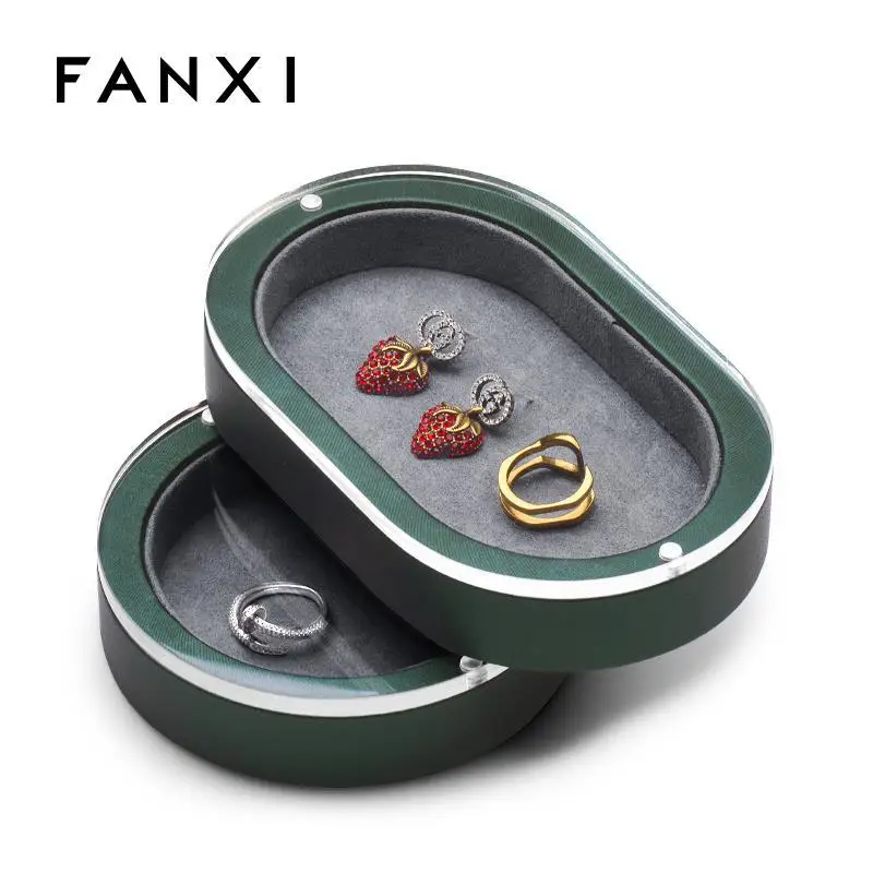 

European and American style jewelry storage box dark green PU leather acrylic Ring Earring storage box jewlery box