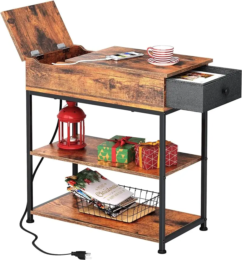 

WLIVE Narrow Side Table with 2 USB Ports and 2 Outlets Flip Top End Table with Drawer and Storage Shelves End Stand