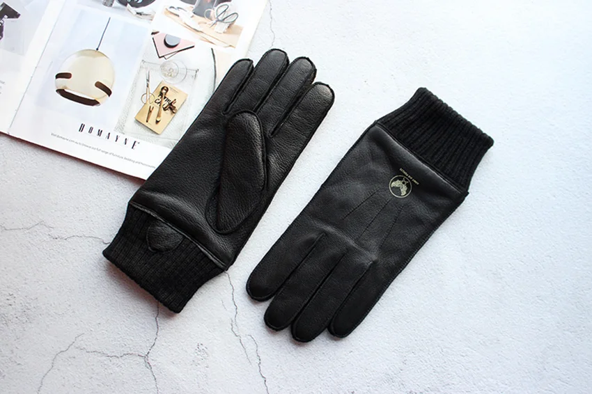 Men's Deer Skin Gloves Touch Screen Leather Thickened Winter Warm Ribbed Sleeves Aviation Motorcycle Riding Gloves