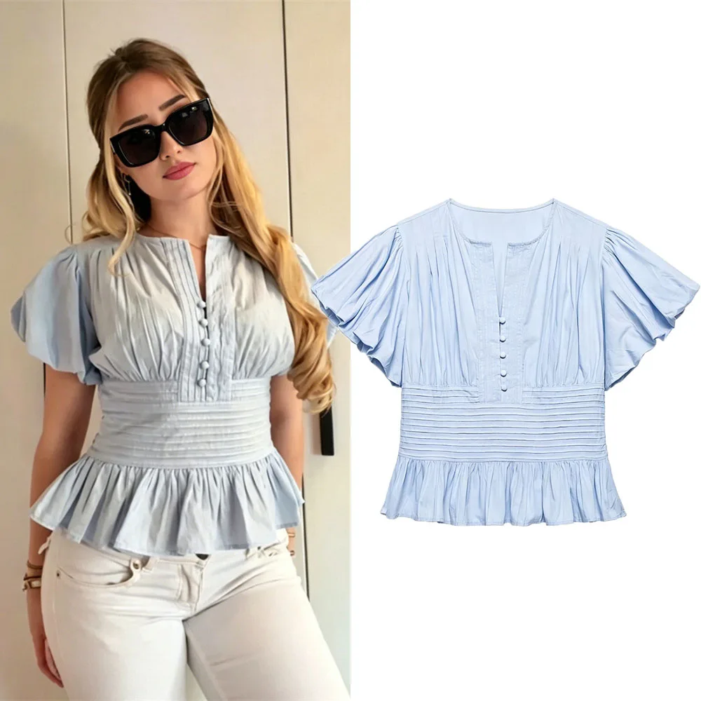 Ladies Chiffon Blouse Shirt Women Split Neck Single Breasted Puff Sleeve Ruffle Hem Top Elegant Casual Chic Summer Outfits Women 1