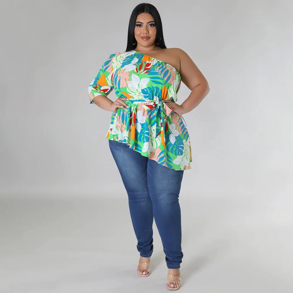 Plus Size Women Tops Leaf Print One Shoulder Shirt For Lady Fashion Casual Outfit Female Belt Cloth 2023 Summer Large Size Tops
