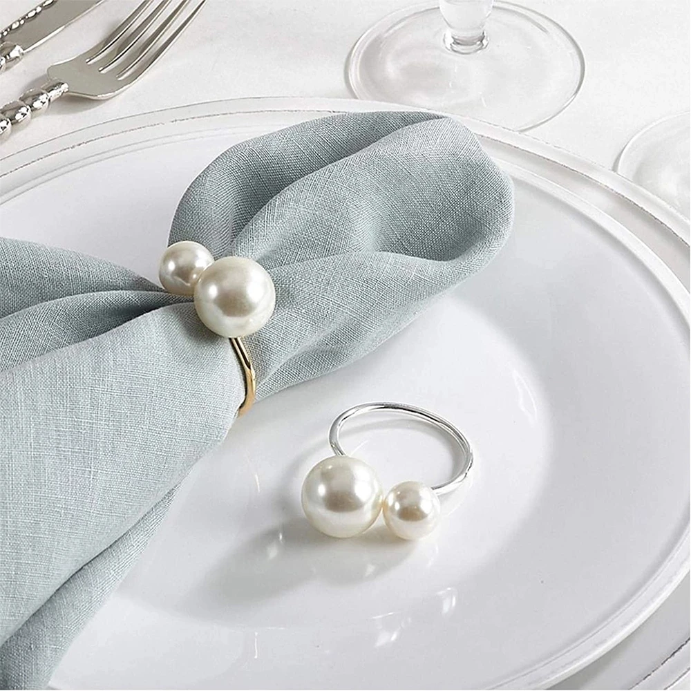 Napkin Ring 6 PC Elegant Pearls Napkin Rings Gold Christening Bangle Metal Napkin Holder Wedding Gift Bridal Shower Decor Party Supplie