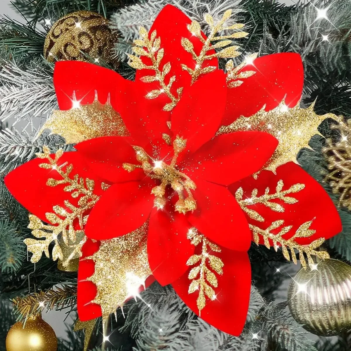 Christmas Decorations 10/1pcs 15cm Glitter Christmas Flowers Artificial Poinsettia Flower Head Xmas Tree Ornament