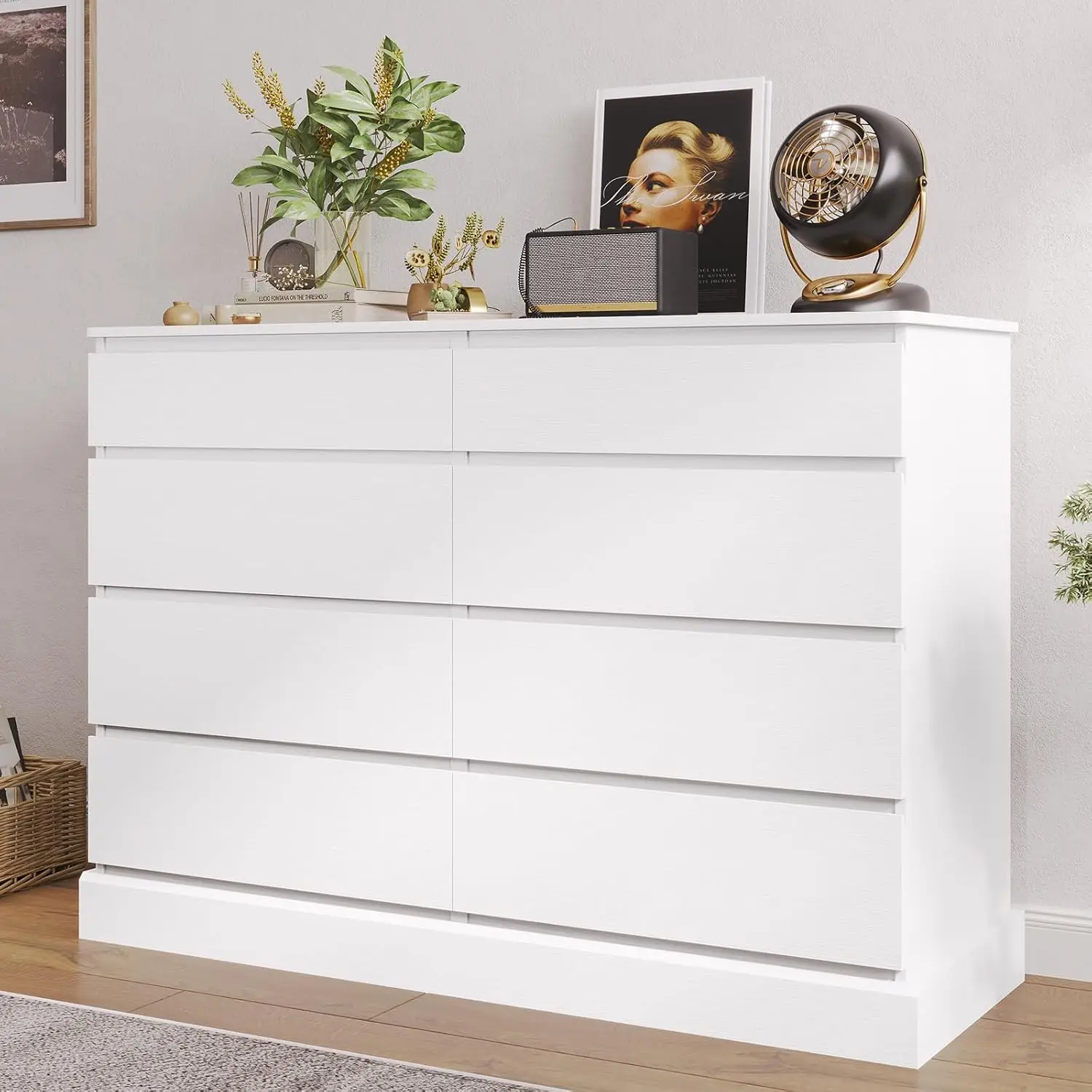 Black Dresser for Bedroom, Long Dresser with 8 Drawers, 51.5''W Wooden Dresser Chest of 8 Drawers, Clothing Storage Cabinet