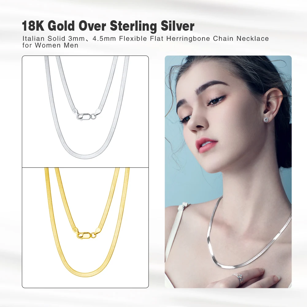 925 Sterling Silver Herringbone Snake Chain in 14K Gold for Men & Women