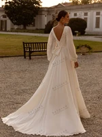 Simple Wedding Dresses A-Line Chiffon Bridal Gowns V-Neck Backless Long Puff Sleeves Robes Pretty Vestidos De Novia Customized 2