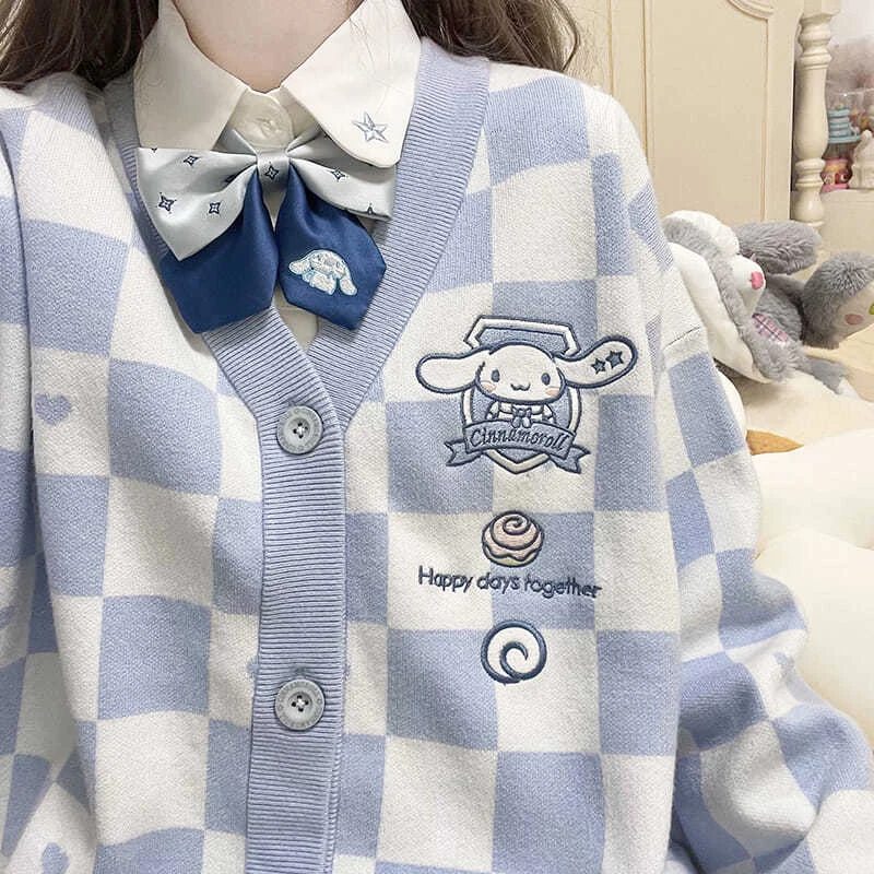 Фото Kawaii Sanrio Y2k, вязаный женский кардиган, свитер, милый мультяшный Коричный курол, вышивка My Melody, японская форма Jk, пальто №1