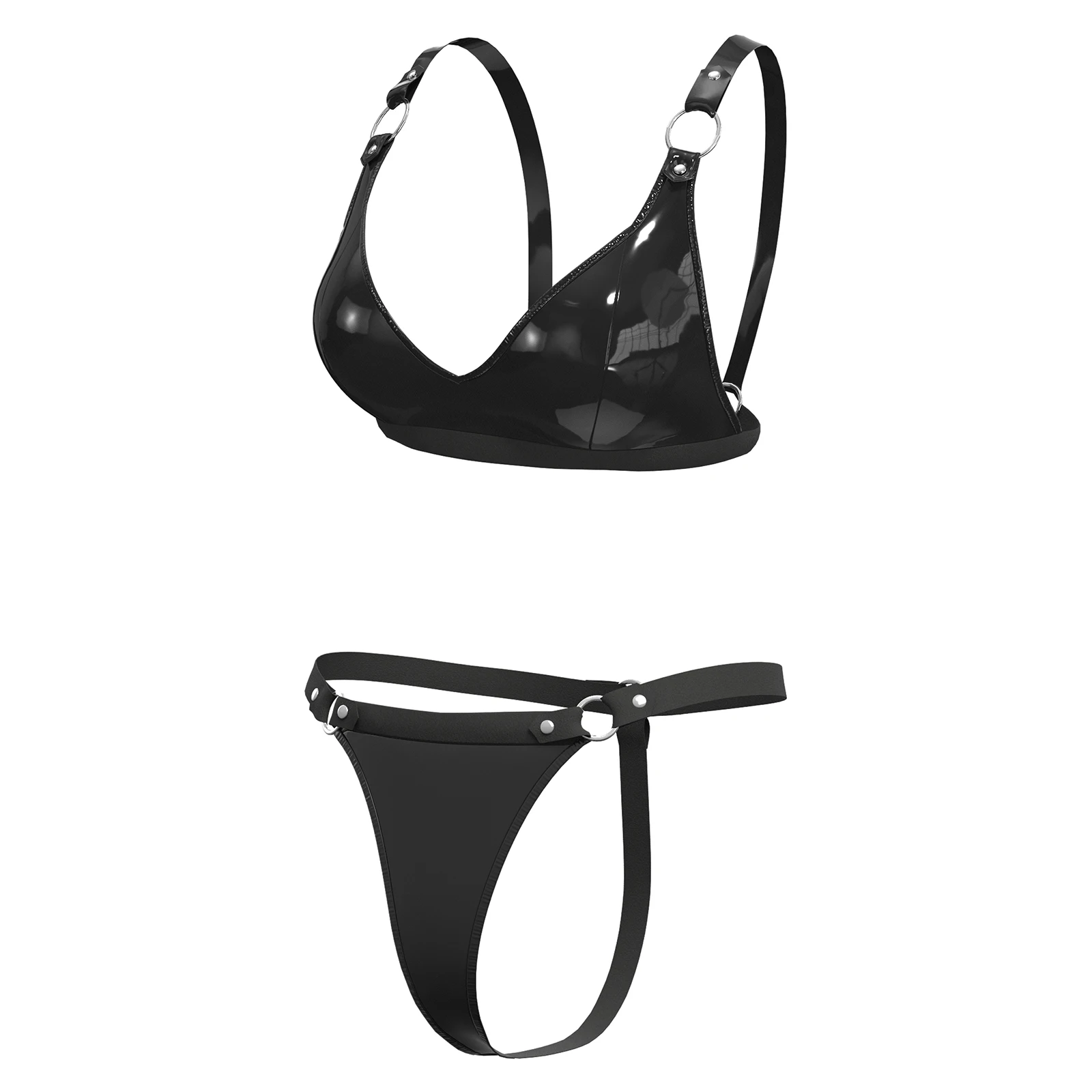 Women Sexy Leather Lingerie Set Shiny PVC Leather Bra High-Elastic Latex Shorts Female Shaping Bra Adjustable