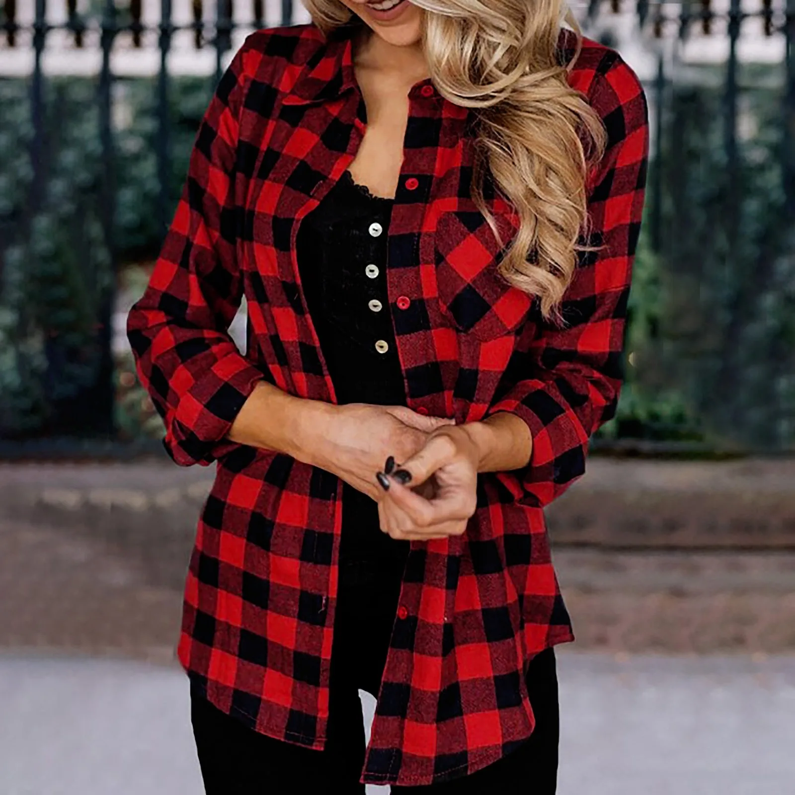 

Клетчатая рубашка в стиле Харадзюку, элегантная повседневная верхняя одежда, модная женская одежда, топы с длинным рукавом, отложным воротником, на пуговицах, весна-осень
