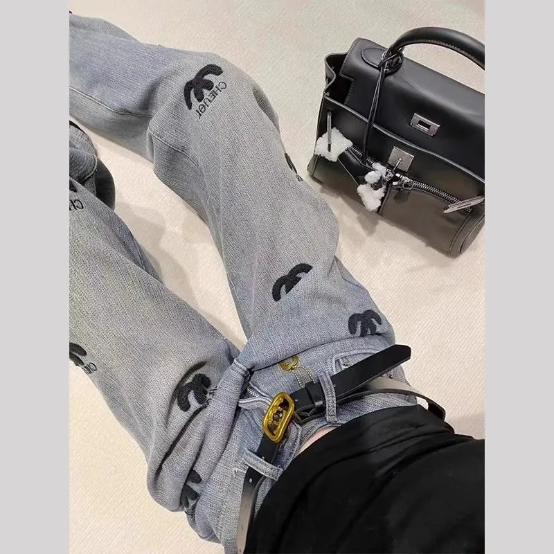 Jeans Retro Letters Embroidery Popular  Blue Perforated Straight Barrel  Women'S High Waist New  Floor Dragging Denim Pants