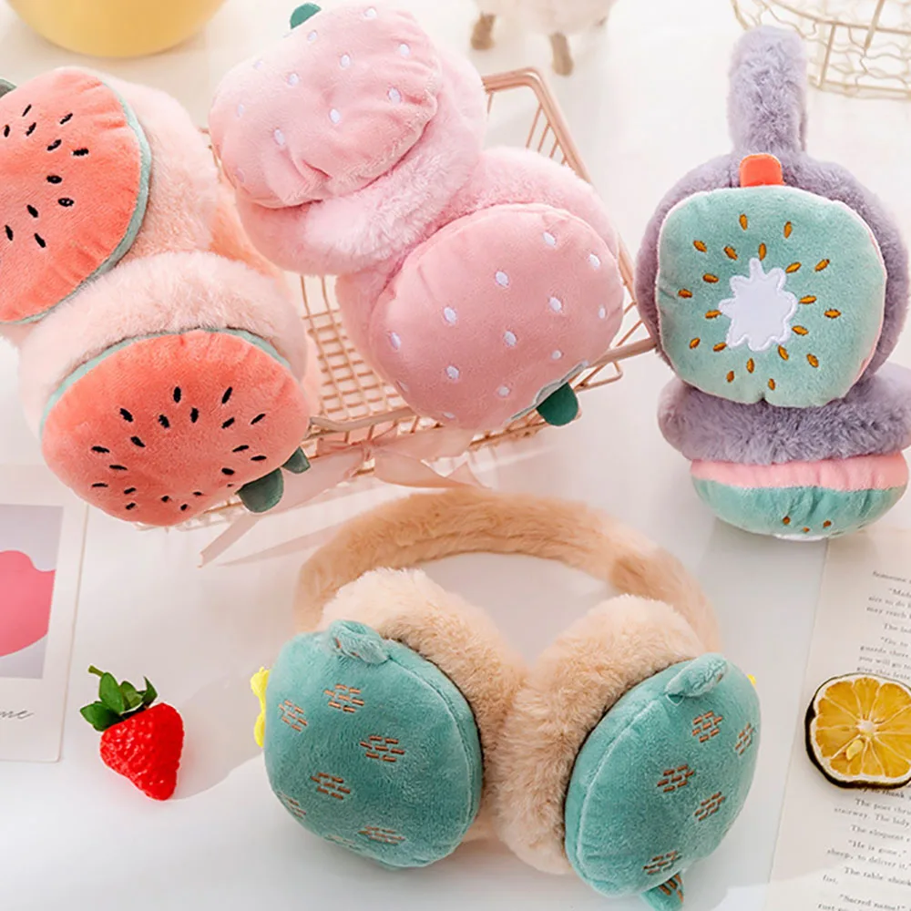 Cute Cartoon Fruit Girls Winter Warm Ear Muffs  Fluffy Fold Burger Shape Headphone Earmuffs Soft Cashmere Warmer Fake Fur Earlap