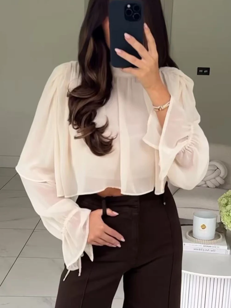 Elegant Women's Tierred Ruffles Blouse Chic Long Sleeve Loose Crop Shirt 2026 Spring New Chic Half High Collar Woman Solid Top