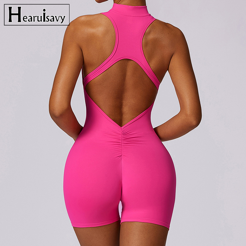 New V Back Scrunch Sports Jumpsuit Women Gym Rompers Sleeveless Sportswear Bodysuits Women Zipper One-Piece Suit Yoga Clothing