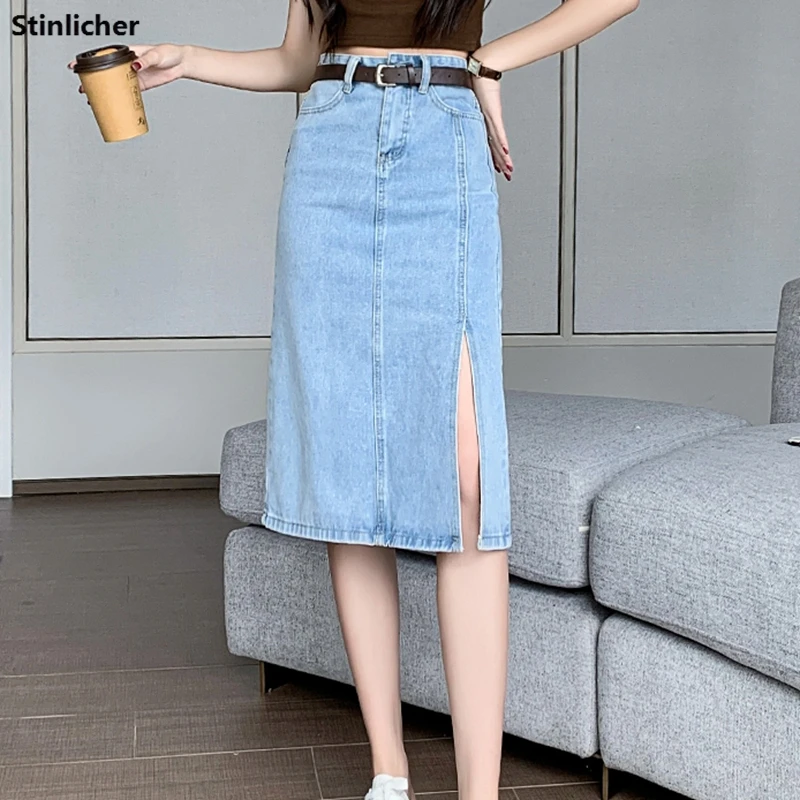 

Spring Summer Denim Skirts Women Fashion High Waist Split Bodycon Pencil Skirts Casual Solid Color Midi Long Skirts Female