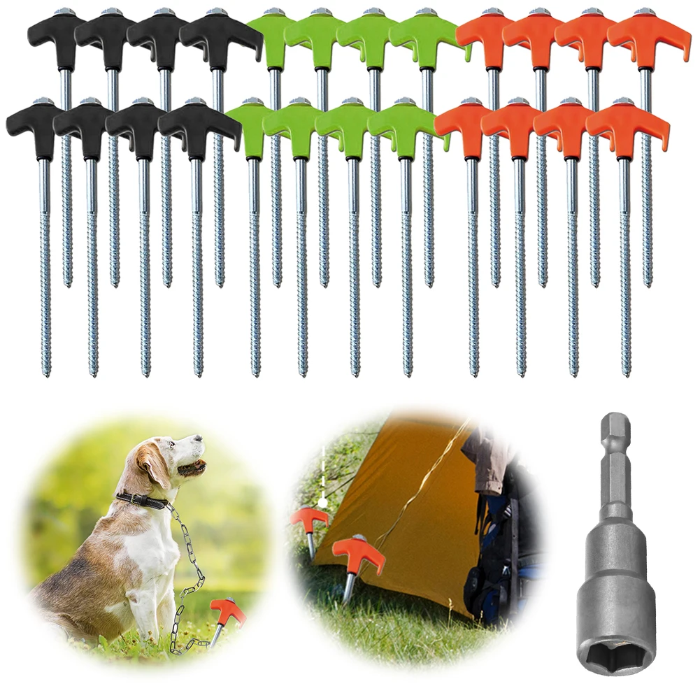 24Pcs Heavy Duty Spiral Screw with Hex Socket Stakes Ground Anchors Camping Stakes Tent Ground Nail Heavy Duty Tent Pegs