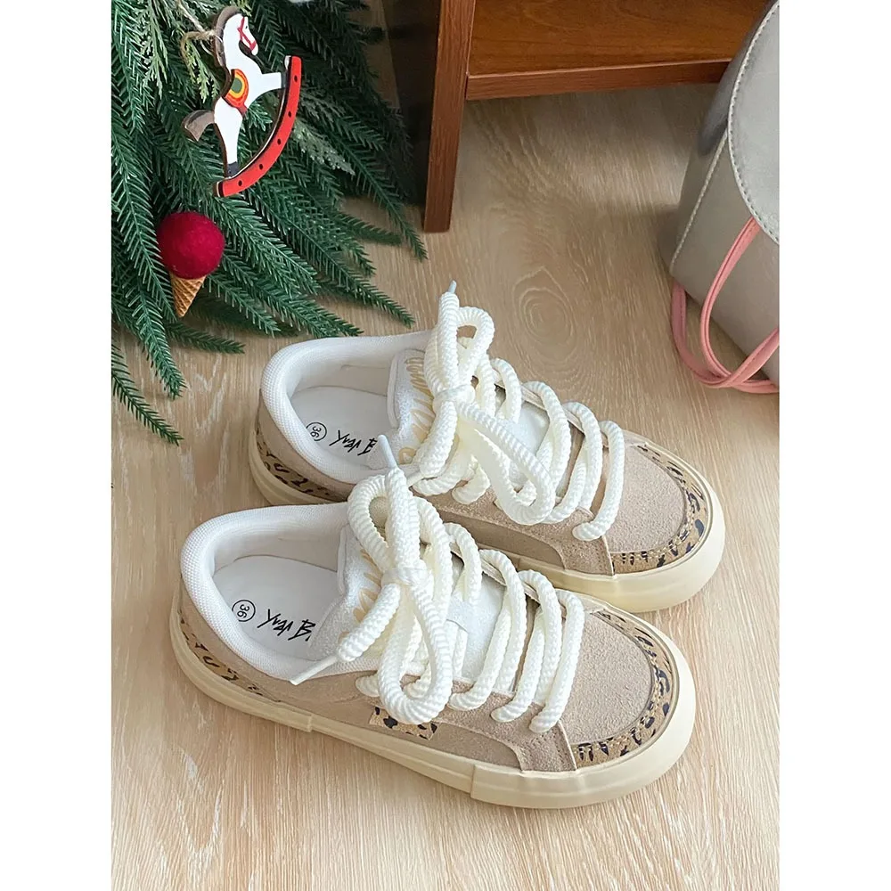 2024 Trendy Leopard Print Women Casual Shoes Soft Sole Comfortable Sports Shoes Lace Up Mixed Colors Top Women Shoes 24-168