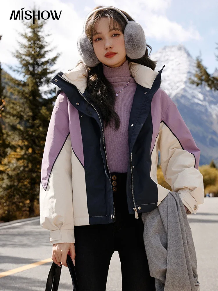 MISHOW Women's Winter Down Jacket 2023 Hooded White Duck Down Short Down Coat Korean Contrast Color Crop Loose Jacket MXC51Y0002