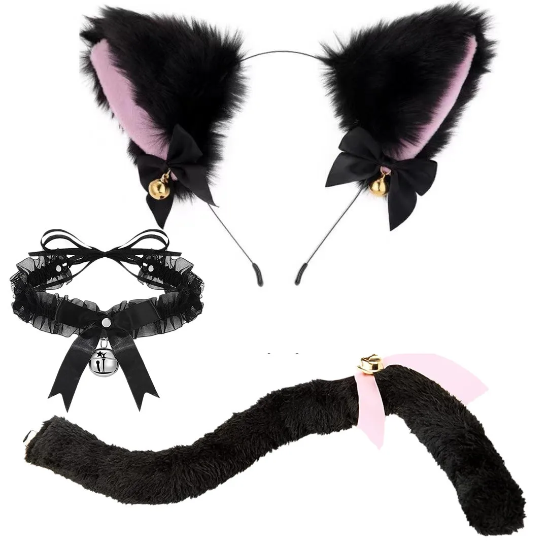 2/3Pcs Faux Furs Foxes Cat Ears Shape Hairhoop Tail Sets Halloween Christmas Birthday Party Animal Cosplay Costume Accessories