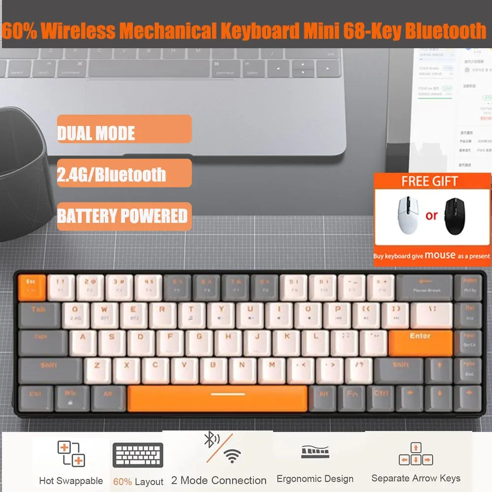 

Беспроводная механическая клавиатура K68, 2,4G, Bluetooth, мини-клавиатура для компьютера, ПК, ноутбука, двойной режим подключения, клавиатура с заменой