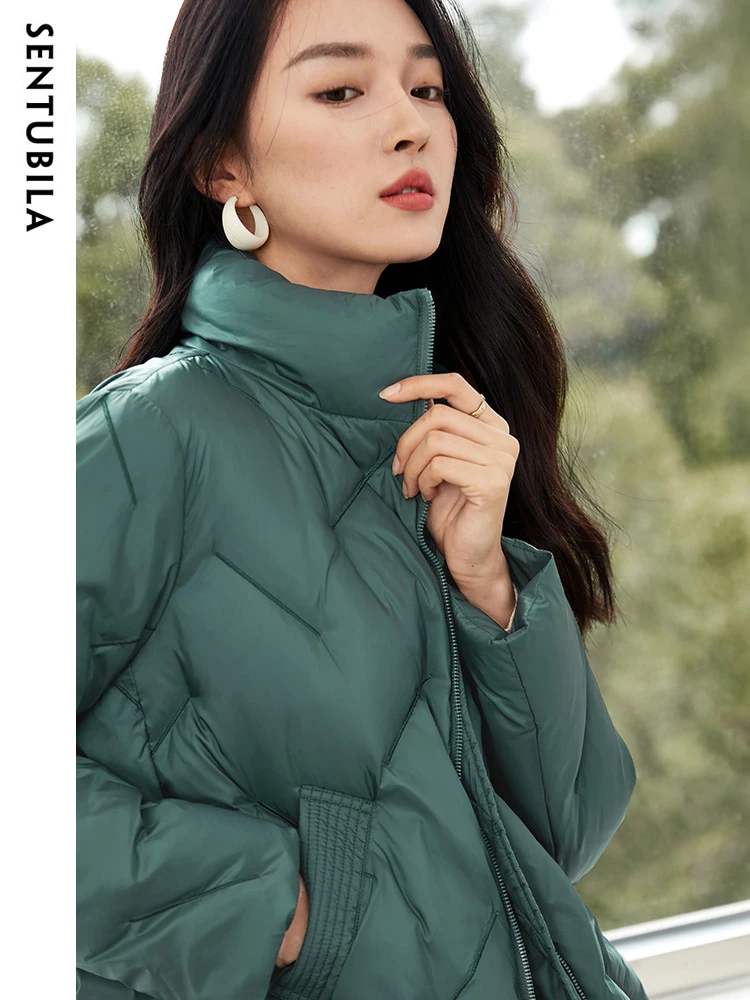 SENTUBILA Women's Stand Collar Crop Down Jacket 2023 Winter 90 White Duck Zipper Short Down Coats Warm Puffer Jackets W34Y49505