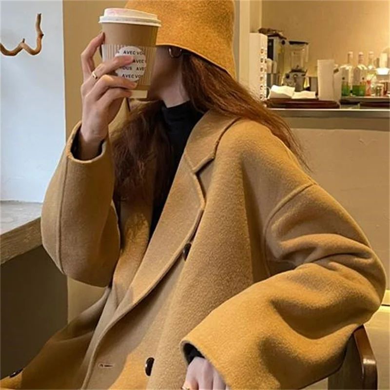 

Женское шерстяное пальто, длинное двубортное свободное двустороннее зимнее пальто, новинка 2022