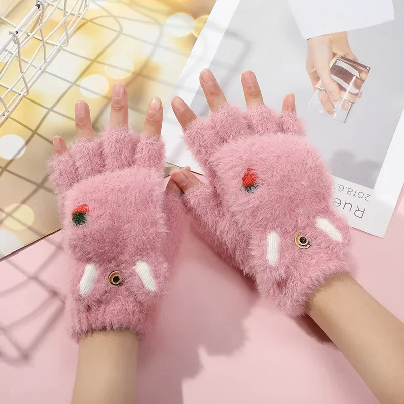 2-7Years Boy Girl Fur Wool Knit Kids Soft Half Finger Flip Gloves Children Winter Warm Cute Cartoon Rabbit Knit Mittens for Baby, winter gloves,baby mittens