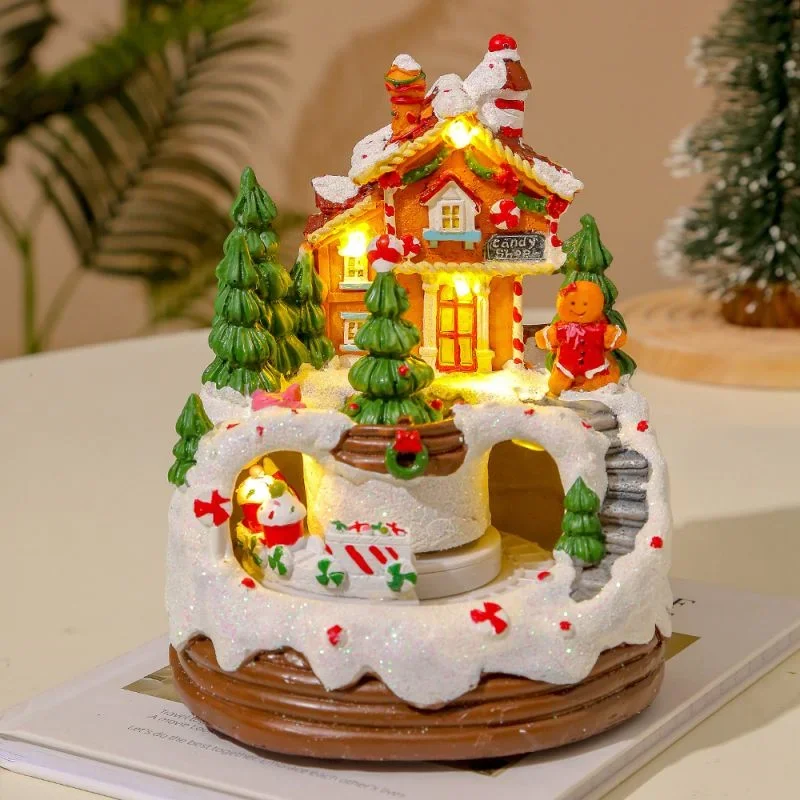 

Christmas Village House Figurines Decoration with Spinning Train Music Christmas Collectible Buildings & LED Light for Christmas