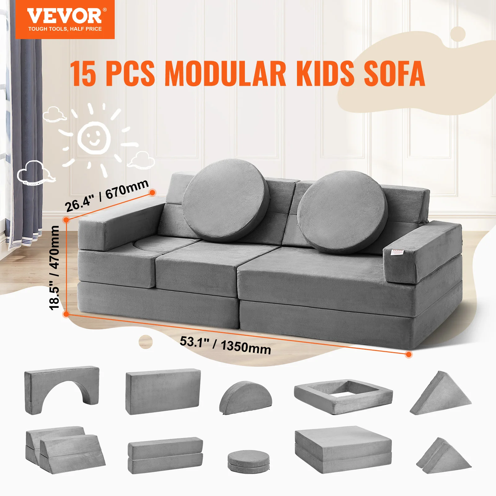 VEVOR Play Couch Kids Sofa Toddler Foam Sofa Couch with High-density 25D Sponge for Playing Creativing Sleeping Kids Furniture 2