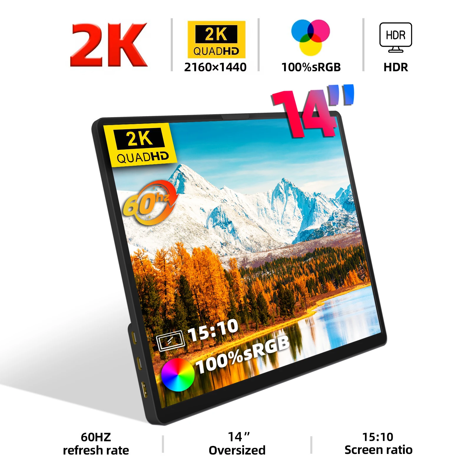 ZSUS Portable Monitor 14 Inch Model 2160x1440, 2K 60Hz for Laptop Xbox PS4 PS5 Switch TV Box Cell Phone PC Extension Mobile