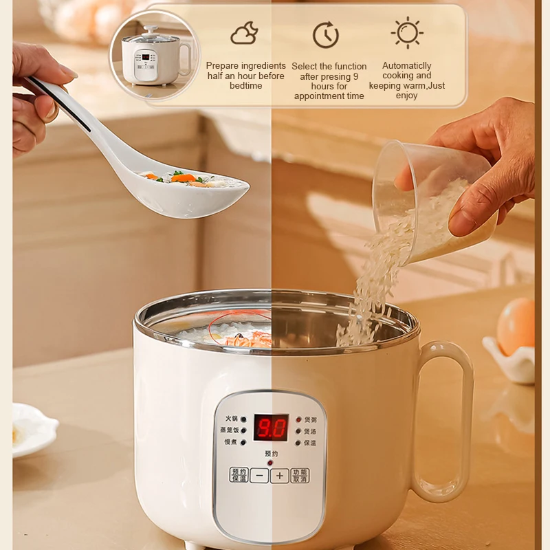 Multifunctional Low Sugar Electric Rice Cooker 2.8L Boiling Skillet Soup Stew Hot Pot Stir Frying Pan Eggs Poacher Food Steamer 5