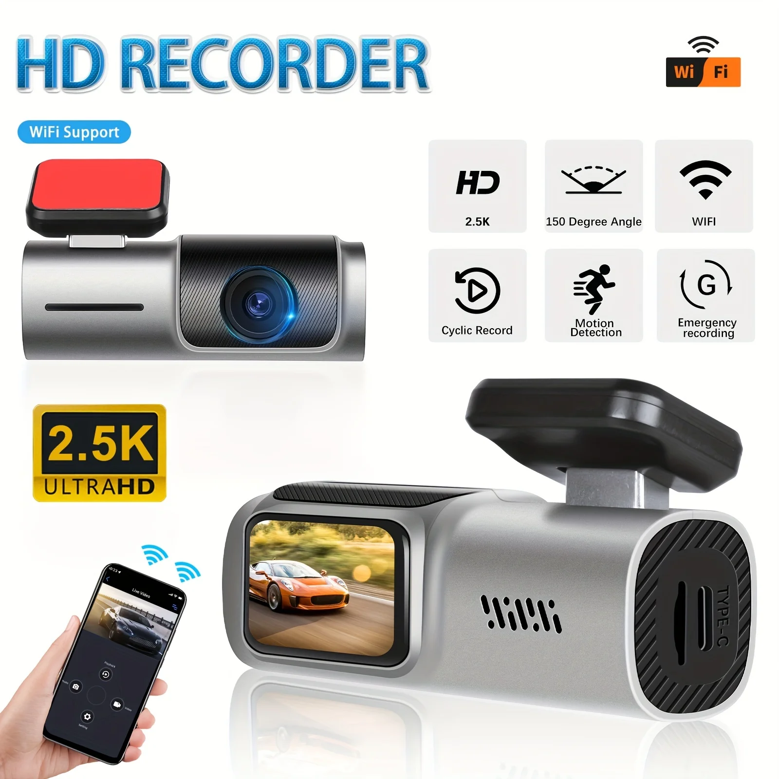 

2K Car DVR WiFi Dash Cam 1.5-inch HD IPS Screen Front Car Camera 150° Wide Angle Loop Recording G-Sensor Car Driving Recorder