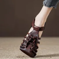 Véritable sandales femmes tissé à la main Style littéraire creux plat romain sandales dames chaussures d'été Sandalias 2