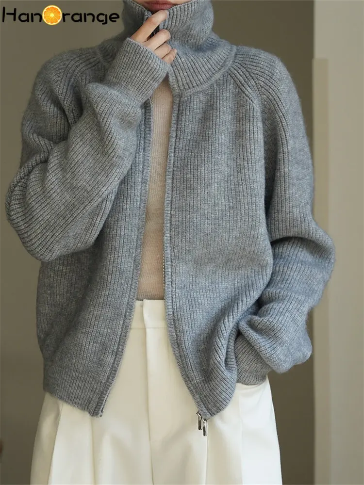 HanOrange 2024 Winter Turtleneck Off Shoulder Knitted Cardigan Women Double Zipper Loose Sweater Female White/Grey/Dark Coffee