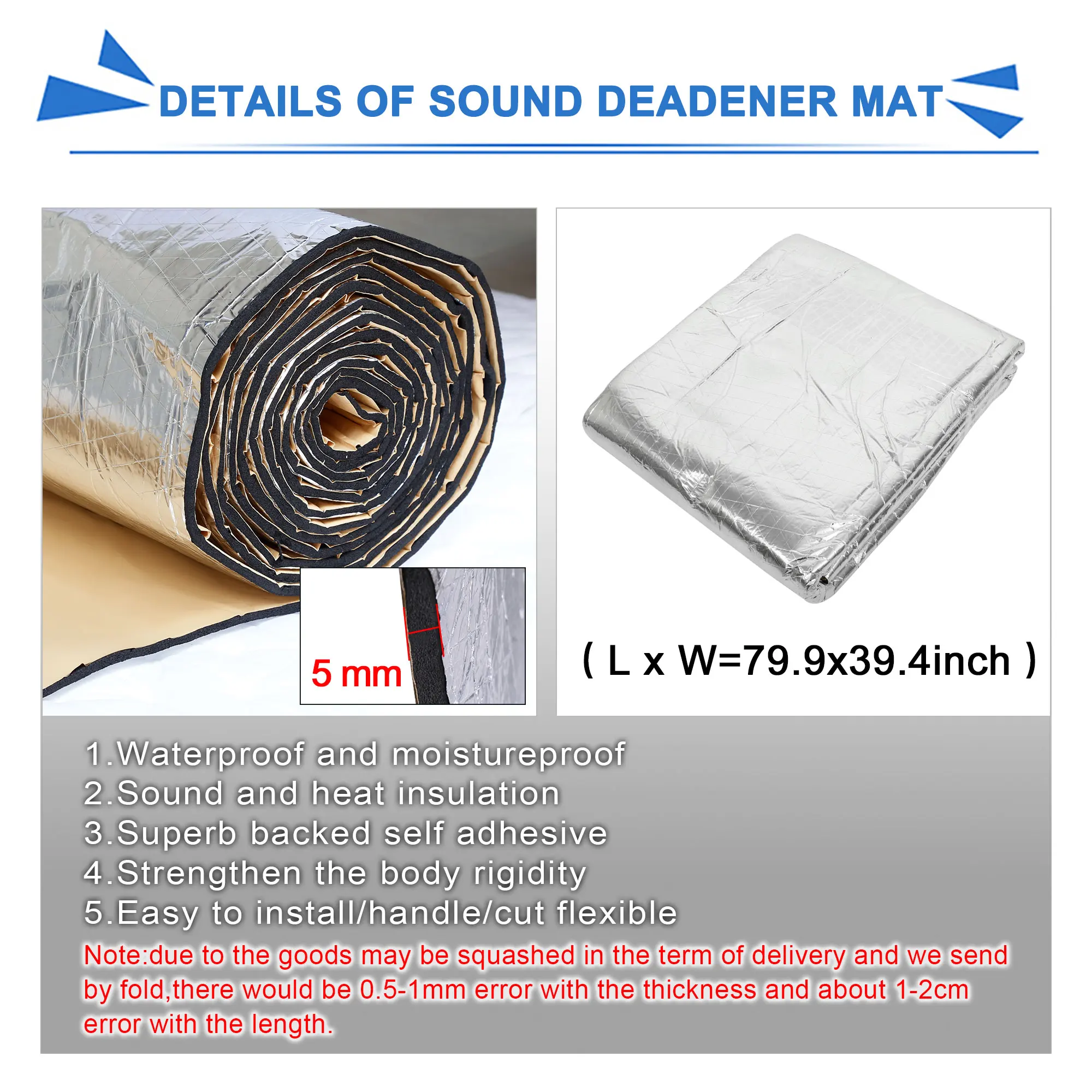 Uxcell 203x100cm 자동차 5mm 방음 단열 데드 너 매트, 고밀도 폼 알루미늄 호일 열 방음 시트