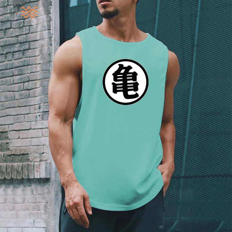 

Japanese Anime Turtle Script Printed Mens Gym Clothing Fitness Vest Quick Dry Bodybuilding Tank Top Muscle Sleeveless Shirt
