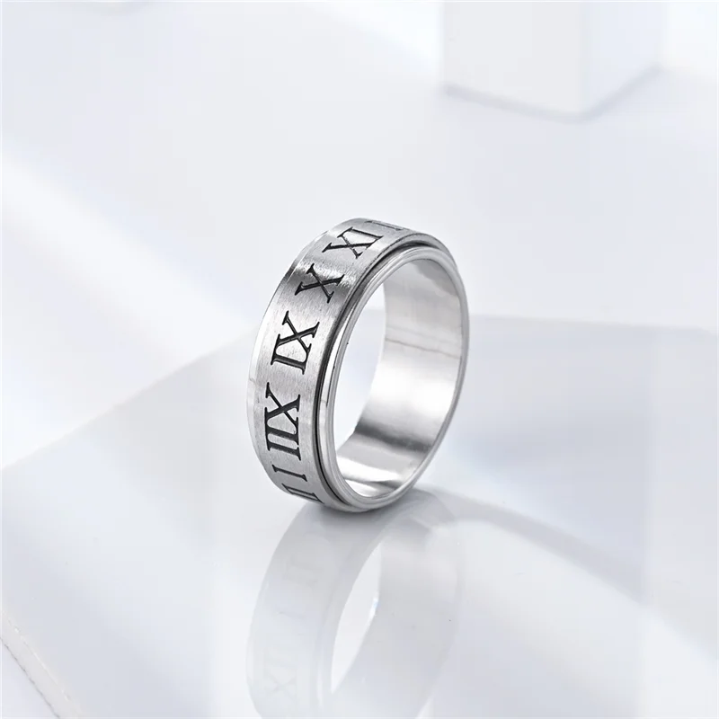 Roman Numerals Anti Stress Stainless Steel Ring For Men Punk Figure Chain Rotating Anxiety Spinning Fidget Rings Bague Homme stainless steel rings