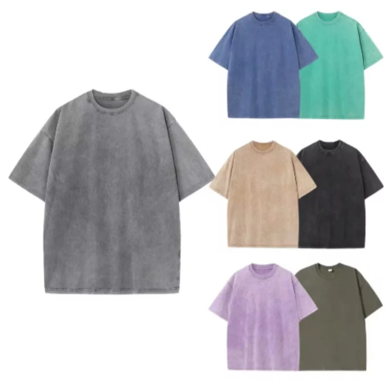 남성 여름 티셔츠 빈티지 워싱 230G 코튼 티셔츠 유니섹스 드롭숄더 슬리브 오..