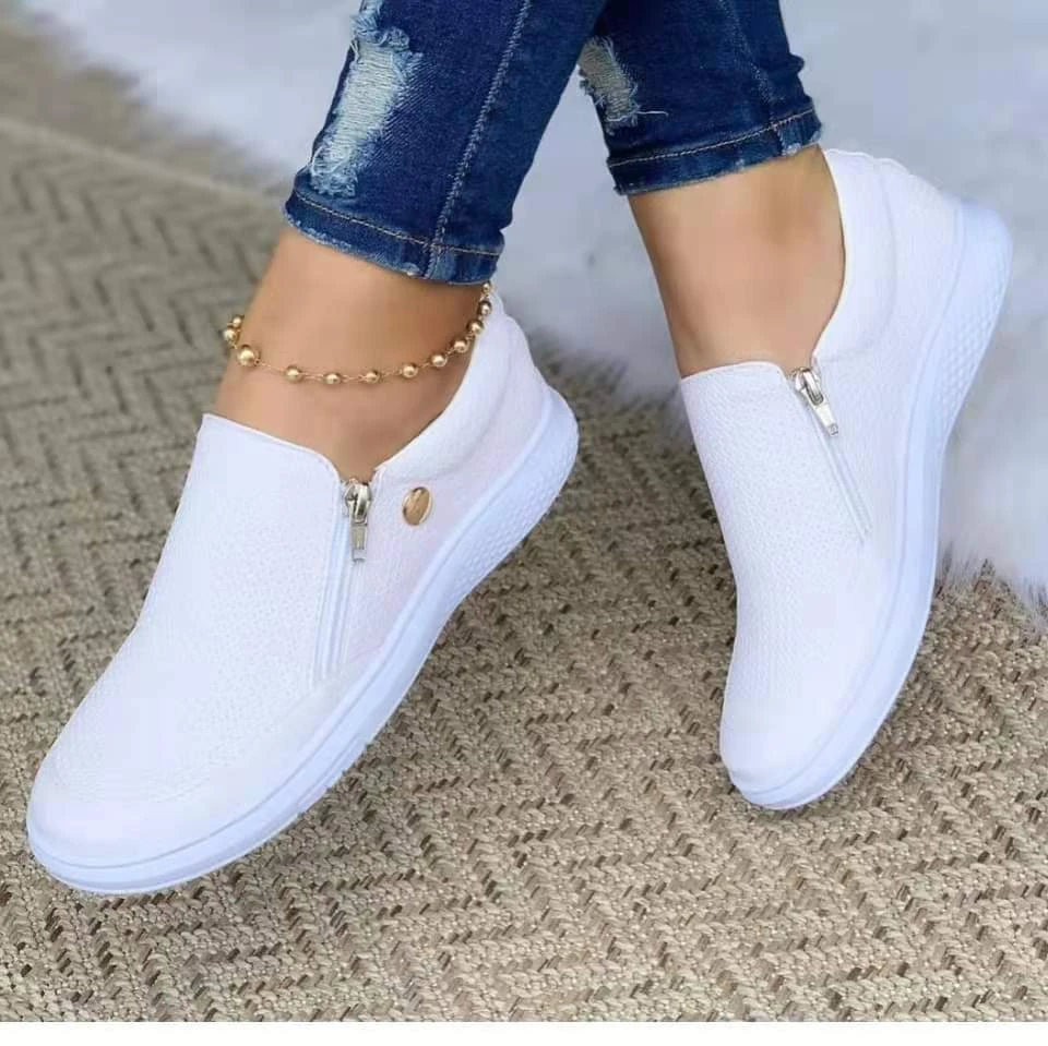 Zapatos planos sin cordones de para mujer, mocasines con cremallera de cuero relieve, con brillante, a la moda, otoño|Zapatos planos de mujer| - AliExpress