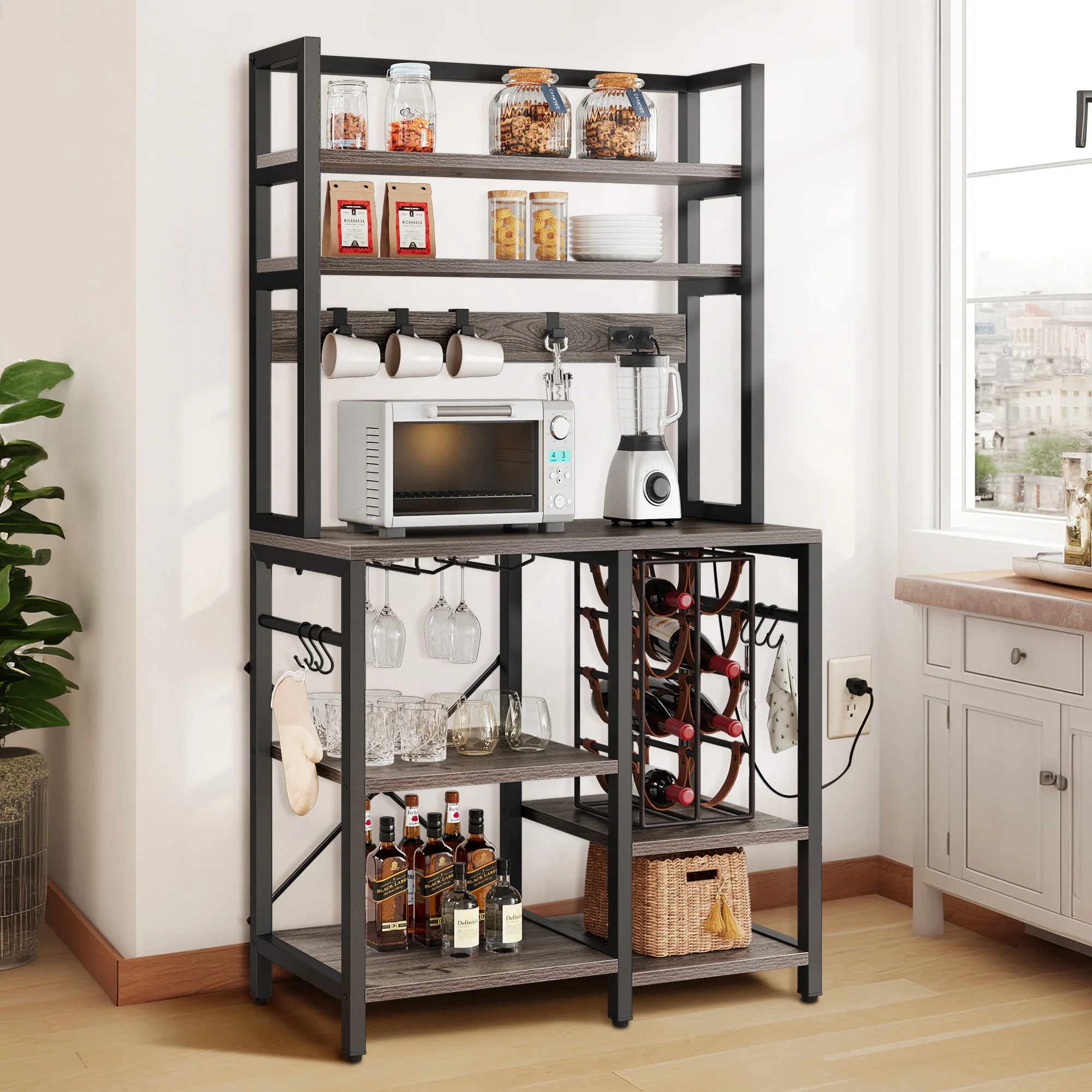 Kitchen Bakers Rack with Power Outlet Microwave Stand Rustic Coffee Bar Station