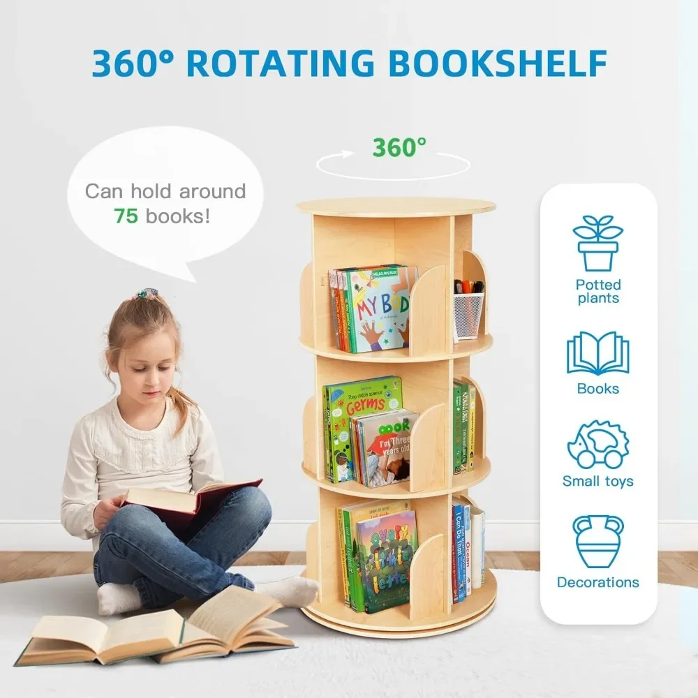Kids Rotating Bookshelf Tower, Small Corner Bookshelf for Small Space, 360 Display 3 Tier Floor Standing Montessori Bookshelf 4