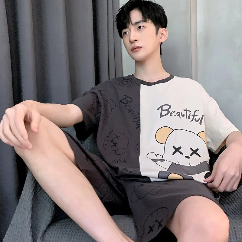 2 Sets of Men's Pajamas Set of Knitted Cotton Students Homewear Short-Sleeved Shorts Cartoon Top Shorts Sleepwear Loungewear