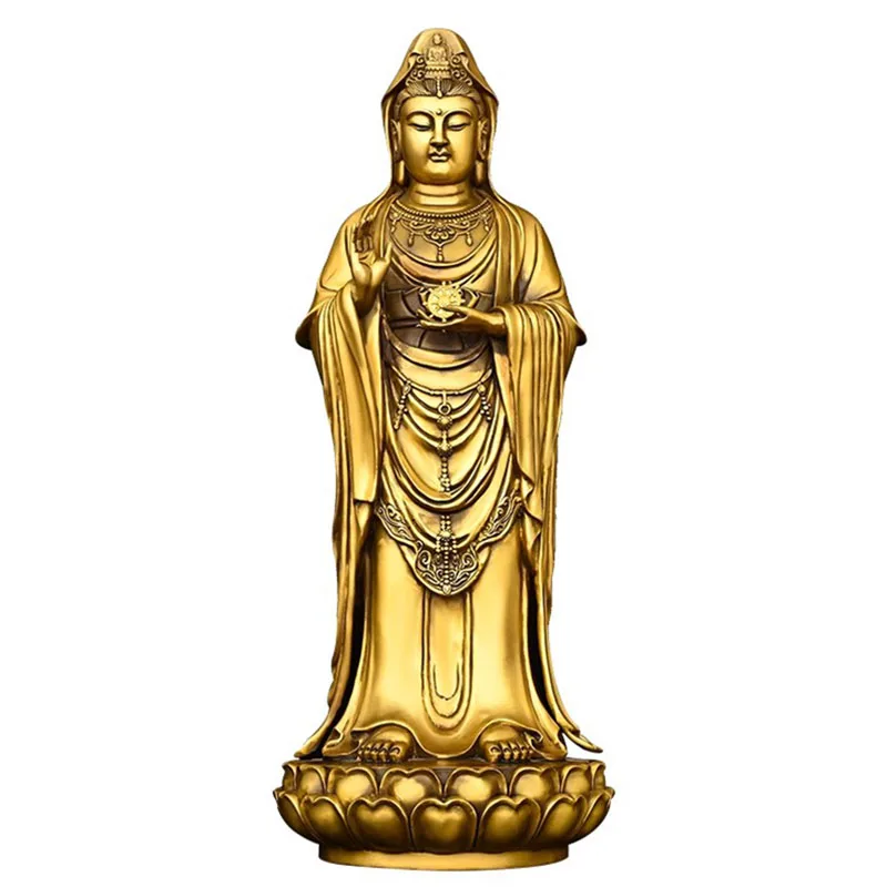Buddhist Statue Brass Guanyin South Sea Goddess of Mercy Copper Sculpture, Lotus Base Meditation Figure for Prayer Room Decor