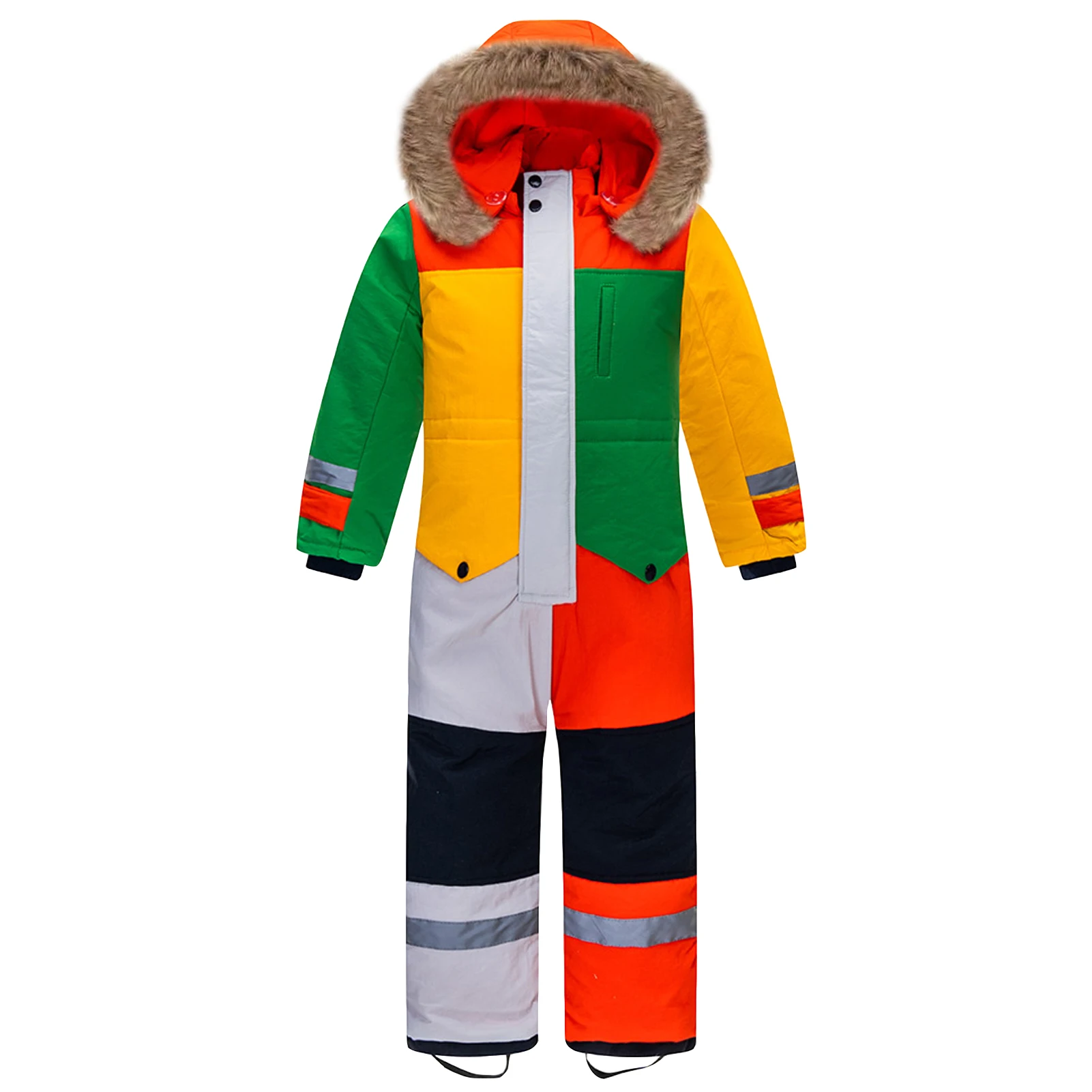 Children's Ski Suits One-Piece Snowboarding Fur Collar Hooded Thickening Windproof Warm Winter Skiing Clothes for Girls Boys